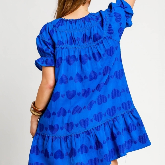 Umgee Heart Pattern Short Sleeve Ruffle Babydoll Dress - Picture 3 of 6